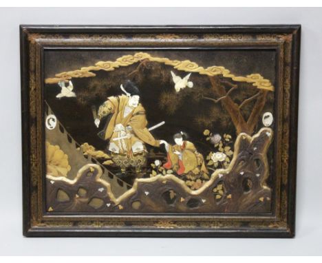 A GOOD JAPANESE MEIJI PERIOD FRAMED GOLD LACQUER &amp; SHIBAYAMA PANEL,  the lacquer panel decorated with scenes of a warrior