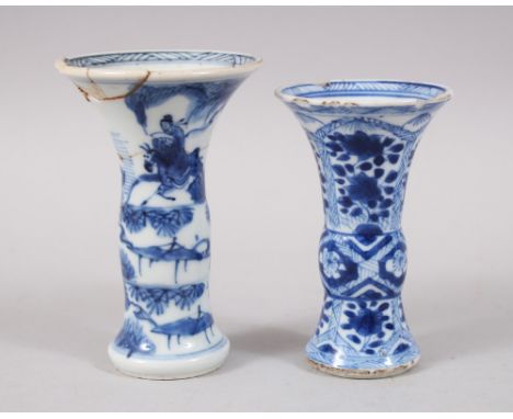 TWO SMALL CHINESE KANGXI BLUE &amp; WHITE PORCELAIN GU VASES, 10CM &amp; 9 CM