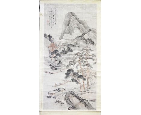 A GOOD 18TH / 19TH CENTURY CHINESE HAND PAINTED HANGING SCROLL OF A LANDSCAPE, the upper left section with artist seal signat