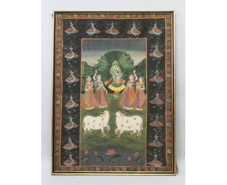 A 19TH-20TH CENTURY FRAMED INDIAN PAINTING ON TEXTILE depicting a blue skin god playing a flute whilst four ladies dance besi