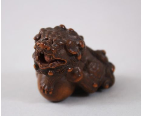 A GOOD JAPANESE EDO PERIOD CARVED WOOD NETSUKE OF A SHI SHI DOG, the dog modeled in a seated position with its paw upon a bal