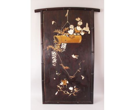 A LARGE JAPANESE MEIJI PERIOD SHIBAYAMA IVORY INLAID PANEL, the panel with carved &amp; stained ivory and mother of pearl to 