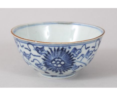 A CHINESE BLUE &amp; WHITE MING DYNASTY PORCELAIN BOWL, the exterior decorated with formal floral decoration , the base with 