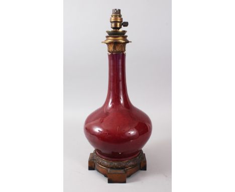 A GOOD 19TH CENTURY CHINESE ORMOLU MOUNTED SANG DE BOEUF BOTTLE VASE, the vase later converted to a lamp, overall 51.5cm high