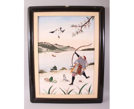 A GOOD JAPANESE MEIJI PERIOD FRAMED ENAMEL PANEL, depicting scenes of an archer and his dog shooting a goose, set within a tr