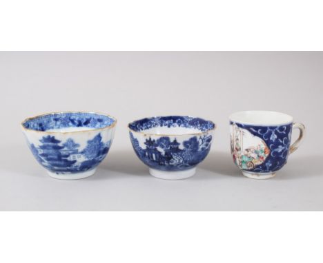 A CHINESE QIANLONG BLUE AND WHITE PORCELAIN COFFEE CUP &amp; TWO TEA BOWLS,  the tea bowls decorated with landscape scenes, 9
