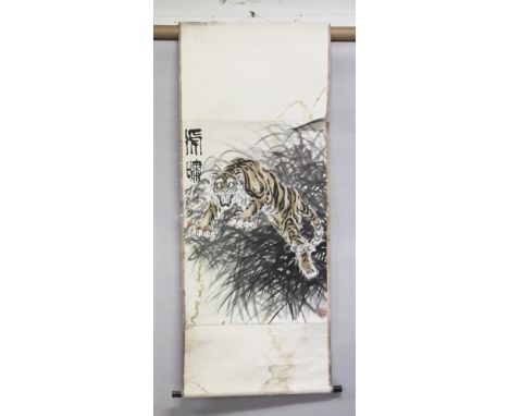 A VERY GOOD PAIR OF LATE 19TH CENTURY CHINESE PAINTED HANGING SCROLLS - MOANING OF TIGERS, one scroll depicting a tiger head 
