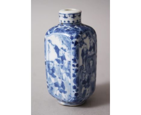 AN UNUSUAL 18TH CENTURY CHINESE BLUE &amp; WHITE SQUARE FORM PORCELAIN SNUFF BOTTLE OF BOYS,  the bottle with four different 