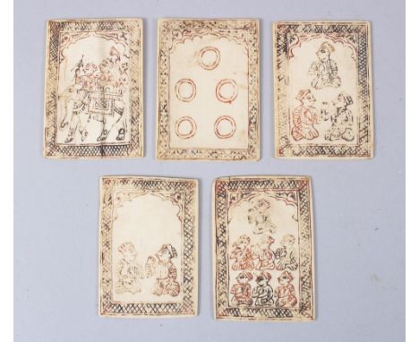 A SET OF FIVE RARE 18TH CENTURY INDIAN POLYCHROME IVORY PLAYING CARDS, 6.5cm x 4.5cm.