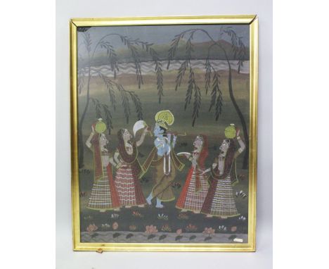 A 19TH-20TH CENTURY FRAMED INDIAN PAINTING ON TEXTILE depicting a blue skin god playing his flute with four ladies offering g