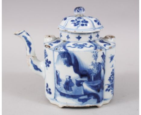 A CHINESE KANGXI BLUE AND WHITE PORCELAIN TEAPOT &amp; COVER, with various painted panels depicting figures exterior, floral 