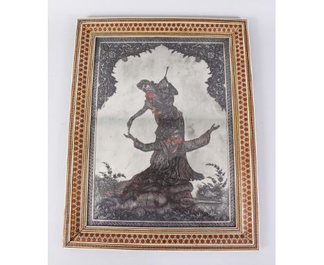 AN EARLY 20TH CENTURY PERSIAN ENGRAVED COPPER PANEL of a young lady and bearded man in a mosaic frame, image 40cm x 30cm.