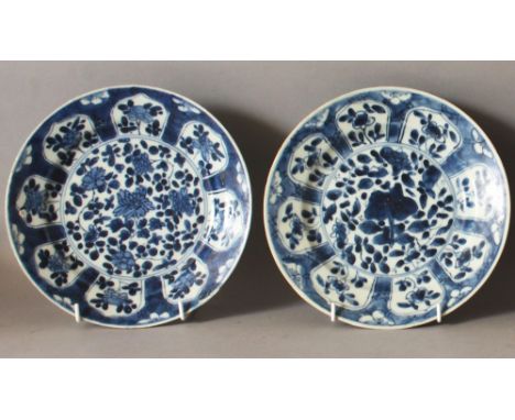 A PAIR OF CHINESE KANGXI PERIOD BLUE &amp; WHITE SHIPWRECK PORCELAIN PLATES, approx 21cm diameter each.