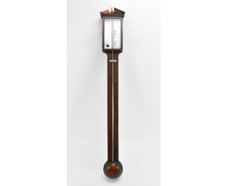 A George III mahogany and string inlaid stick barometer, the register plate signed P.G Tarone, Cambridge, with architectural 