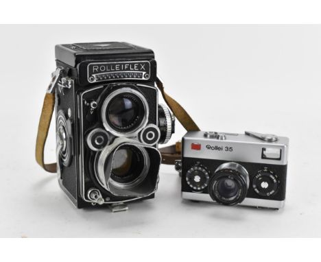 A Rollei Rolleiflex 3.5F Medium Format TLR Camera, black, serial no 2805127, together with a Rollei 35 compact camera with Ca