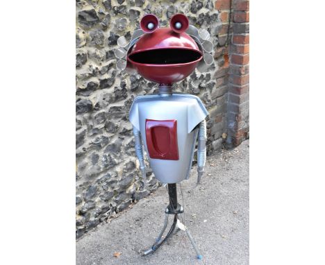 A large vintage metal Cadbury's Smash advertising martian robot, circa 1970s, with curled metal effect cardboard hair and sal