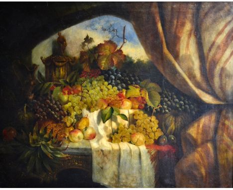 Attributed to ADALBERT BELA SCHAFFER
Fruit on a marble top console table before an opening
Oil on canvas 
102 x 128cm