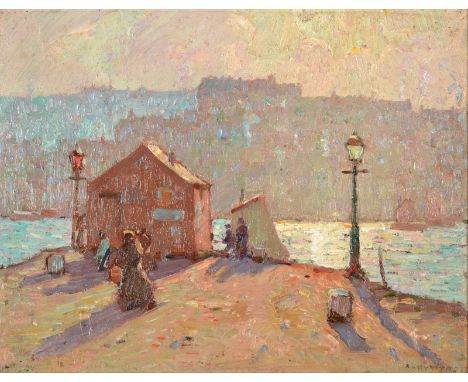 ROBERT LANGLEY HUTTON
Falmouth from Flushing, February Afternoon
Oil on panel, signed, inscribed to the back
26 x 34cm
(See i