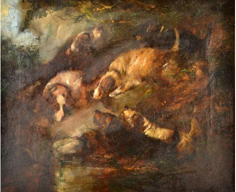 GEORGE ARMFIELD
Hunting Dogs by the Water
Unsigned
Label to the back. 
24 x 29cm.