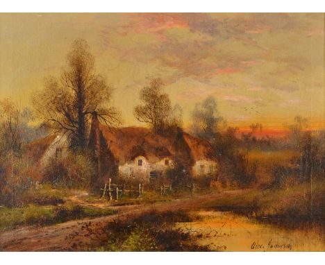 ALEX JAMIESON 
Cottages at Sunset 
Oil on canvas
Signed 
38 x 50cm
Together with a study of two dogs, oil on canvas
and a mot