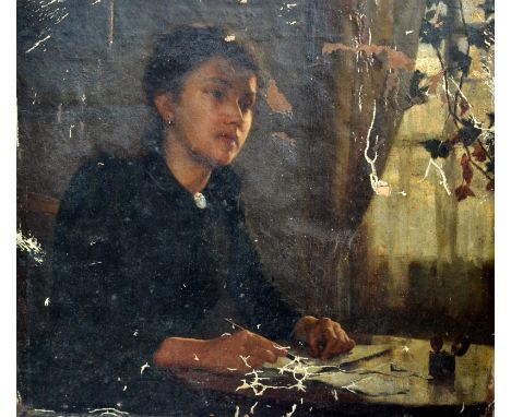 Attributed to EDWIN HARRIS
The Letter, portrait of Newlyn model Louisa Cook Thomas Beckerleg
Circa 1890
Oil on linen (fragmen