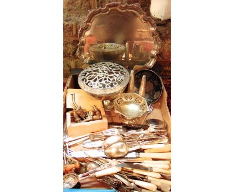 A silver plated tray of rounded form, a further silver plated rose bowl together with a quantity of sundry silver plated cutl