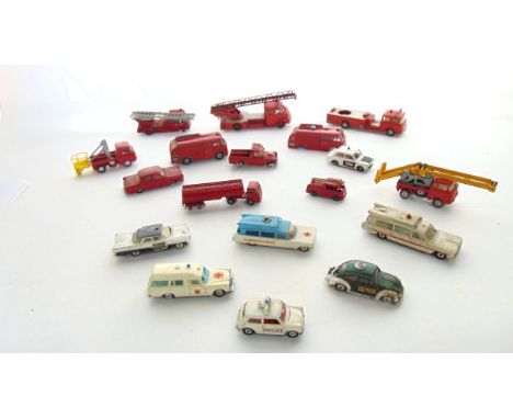 A selection of vintage die cast model vehicles relating to emergency services to include a Dinky Fire Engine No 259, a furthe