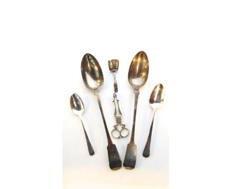 A pair of William IV silver Fiddle pattern serving spoons, probably John Walton, Newcastle, 1833, each with monogram, 272.2g 