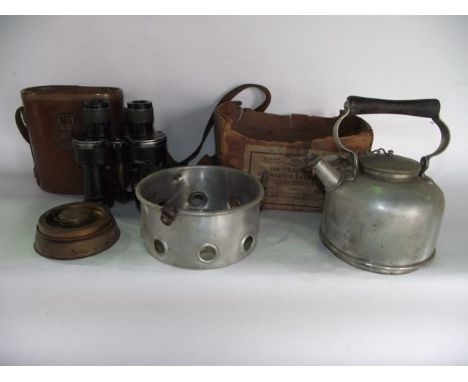 A boxed vintage Sirram aluminium kettle set together with a stitched leather cased pair of binoculars marked Ross London 1936