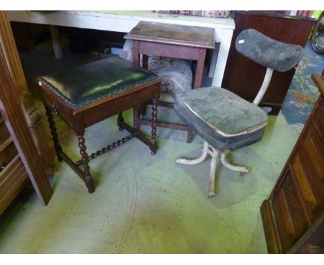 An industrial swivel office/typist chair with adjustable framework together with an oak stool with upholstered pad seat, frie