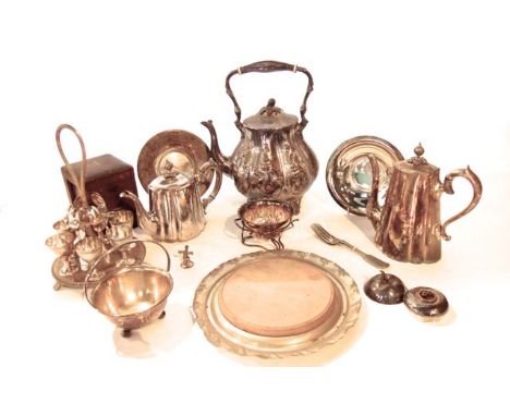 A collection of silver plated wares to include a substantial 19th century kettle with finial handle, an egg cup cruet, a furt