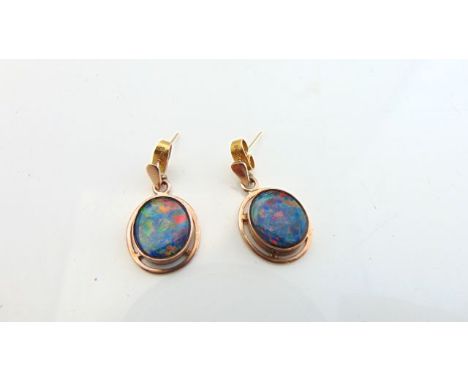 A pair of opal doublet earrings, each in 9ct rose gold (2)