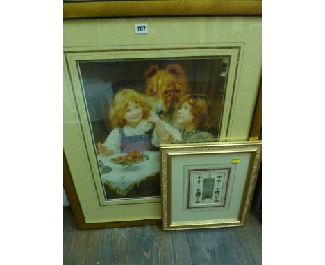 A set of three coloured prints in the early 20th century manner showing interior scenes with children, puppies, etc, 50 x 40 
