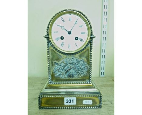 A 19th century mantel clock, the brass case surmounted by bagpipes, shepherd's crook, summer hat etc, with enamelled dial and