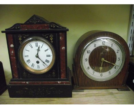 A Victorian black slate and marble mantel clock with 8-day timepiece, together with two Art Deco mantel clocks. two cash boxe