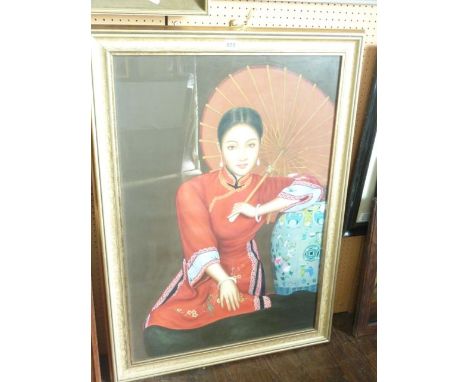 A contemporary oil painting in the style of Chen Yifeiof showing a seated Chinese woman in a red tunic holding a parasol and 