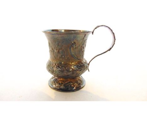 A Georgian silver Christening mug, indecipherable maker's mark, London, probably 1828, the baluster body chased with flowers 