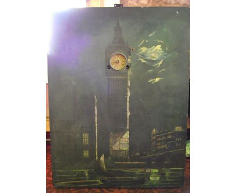 A timber framed wall hanging clock of squared form, with mother of pearl inlay and other detail depicting Big Ben and Westmin