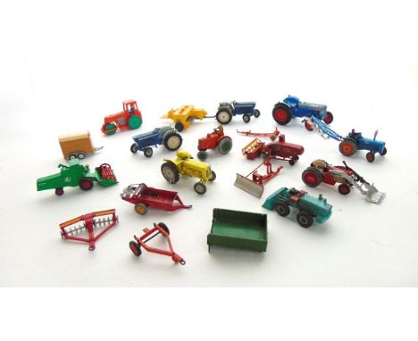 Vintage die cast model agricultural vehicles to include numerous tractors, a Crescent Toy Co Limited example, others by Lesne