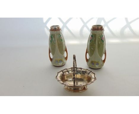 A pair of painted ceramic vases, the silver rims hallmarked for London, 1911, each of Art Nouveau style, 17.5cm high; and a G