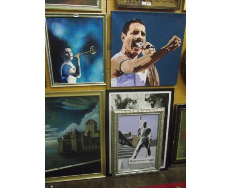 A collection of three oil or acrylic paintings on canvas all showing Freddie Mercury in various dramatic poses, two signed Pi