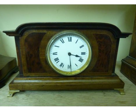 A small Edwardian walnut and amboyna wood mantel clock with 8-day timepiece 