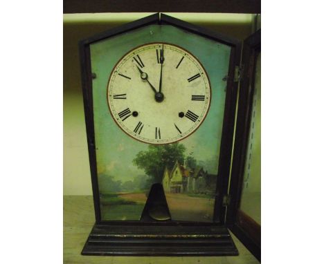 A Victorian cottage mantel clock, the case with simulated rosewood finish enclosing a painted dial, the lower panel showing, 