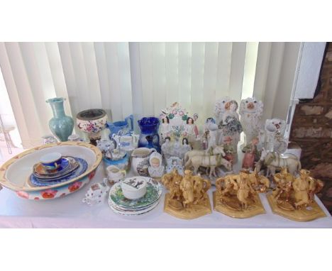 A quantity of mainly 19th century ceramics including a pair of Staffordshire spaniels with gilt decoration, a further similar