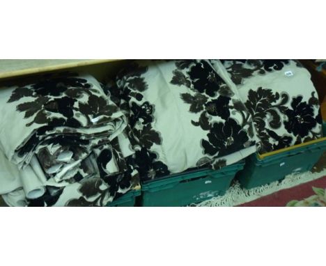 Three pairs of full length fully lined good quality floral curtains in shades of black, mink brown,  with goblet style trimmi