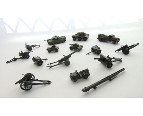 A quantity of vintage die cast model military vehicles, mostly Dinky to include a Dinky Centurion Tank, a 50MM P A K Anti Tan