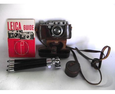 A leather cased Leica Ernst Leitz Wetzlar D.R.P camera, model III, 1934, No 130956, the lens numbered Summar f=5cm, No. 19349