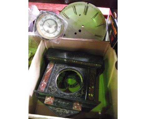 A Victorian slate cased mantle clock with red marble highlights, etc together with an enamelled wall clock, dial and movement