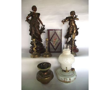 A pair of spelter figures of maidens together with a glass ceiling lantern, each side decorated with a bevelled kite shaped p