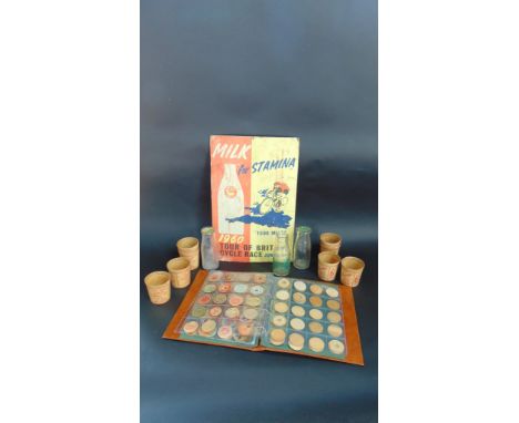 An advertising showcard for the 1960 June dairy festival, vintage cream cartons and milk bottles and a collection of war time
